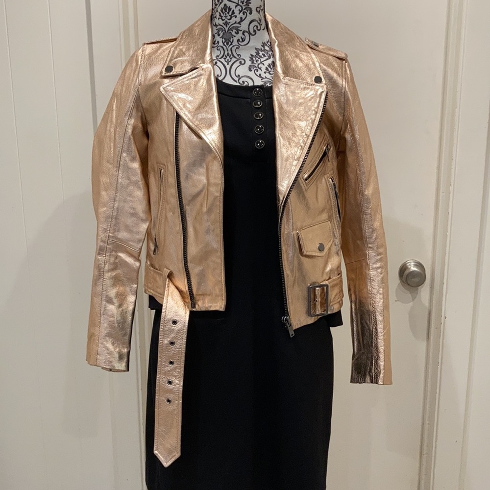 Zara Woman Metallic Rose Gold Leather Moto Jacket - Picture 7 of 16